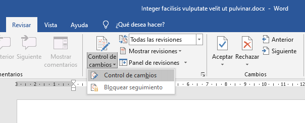 control de cambios en Word, corrección de textos en Word